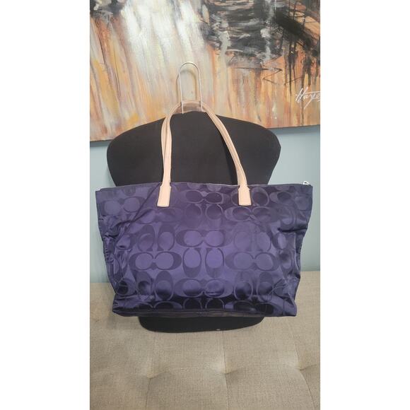 Coach Signature Nylon Tote Bag C1376-24362 Purple Beige Leather Trim Shoulder... - Picture 2 of 11